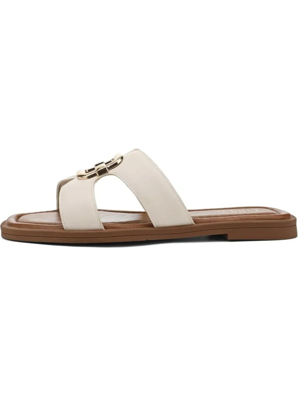 Women's Beige Square Toe Flat Sandals Slides Dressy Comfortable for Beach